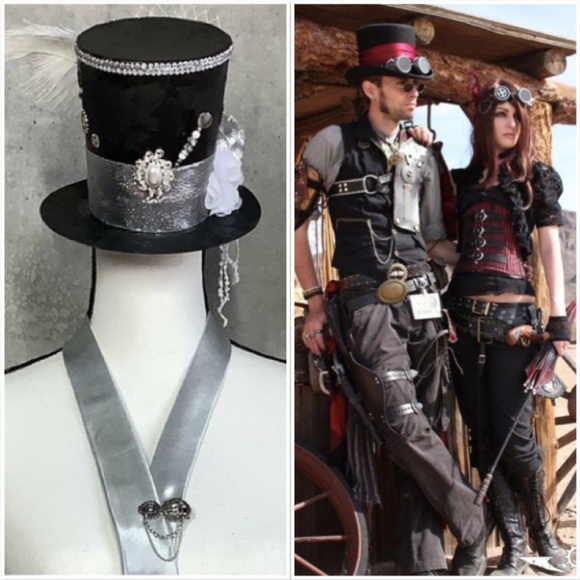 🌺 STEAMPUNK COSTUME MINI TOP HAT TIE CLIP SET COSPLAY GRAY SILVER BUNDLE PARTY - Picture 12 of 12